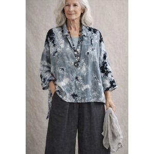 Eleven Stitch Design Tie Dye Button Down Shirt Top Blue Gray Black XS Lagenlook